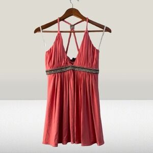 NEW Sky Halter Top Embellished Empire Waist Braided T-Back Coral Pink Large